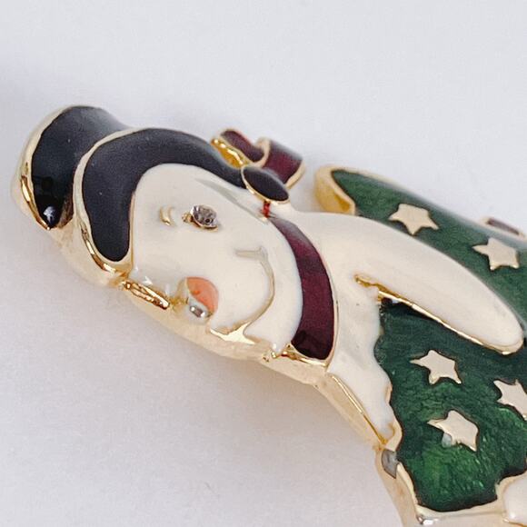 VTG Signed TC Christmas Snowman Enamel Gold Tone Brooch Pin Nostalgic Festive - Picture 5 of 9